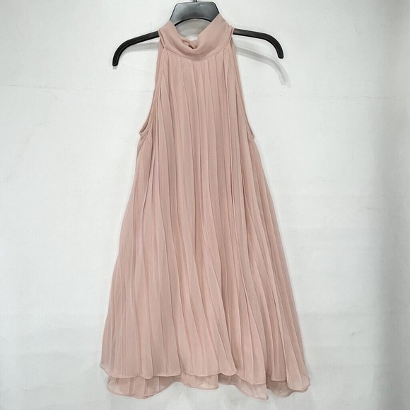 HM Women Short Dress in Pleated Fabric Sz 4 Pink Sleeveless Tie At The Neck - Picture 2 of 16